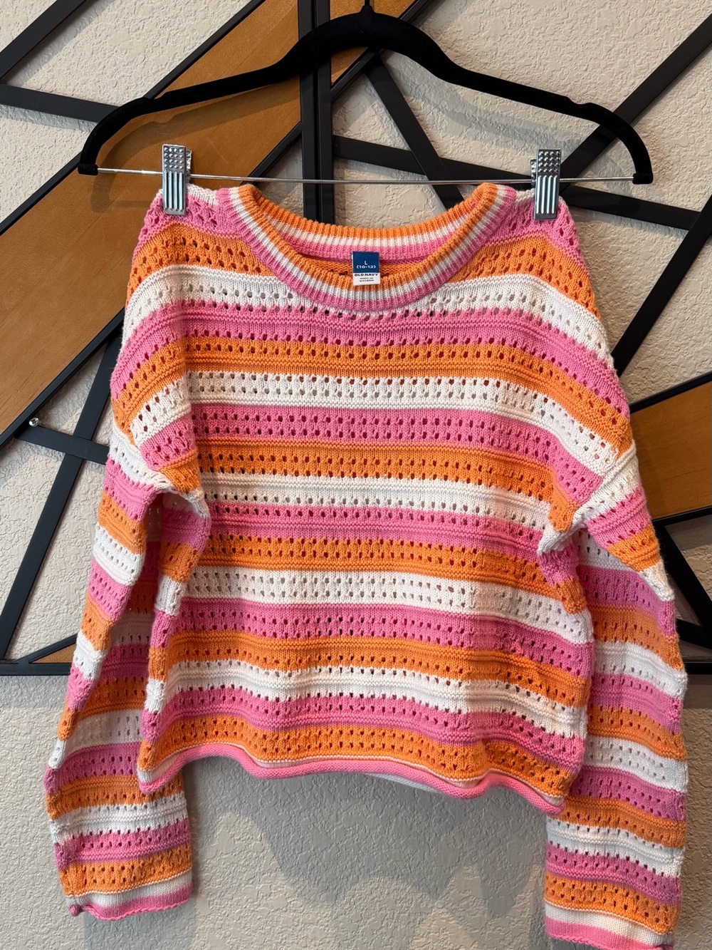 Old Navy Open-Knit Striped Crewneck Sweater in Pink, Orange, Cream
